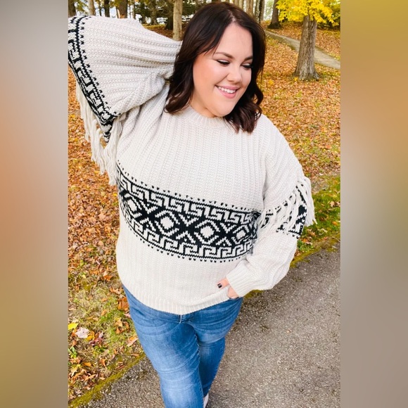 Ready For Anything Taupe & Black Tassel Aztec Sweater - Picture 13 of 16